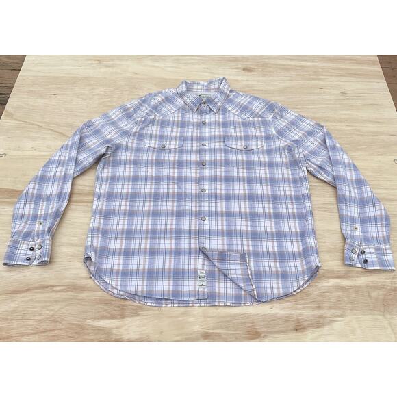 Lucky Brand Saturday Stretch Light Flannel Shirt Pearl Snap Men Blue Tan Plaid L - Picture 1 of 6